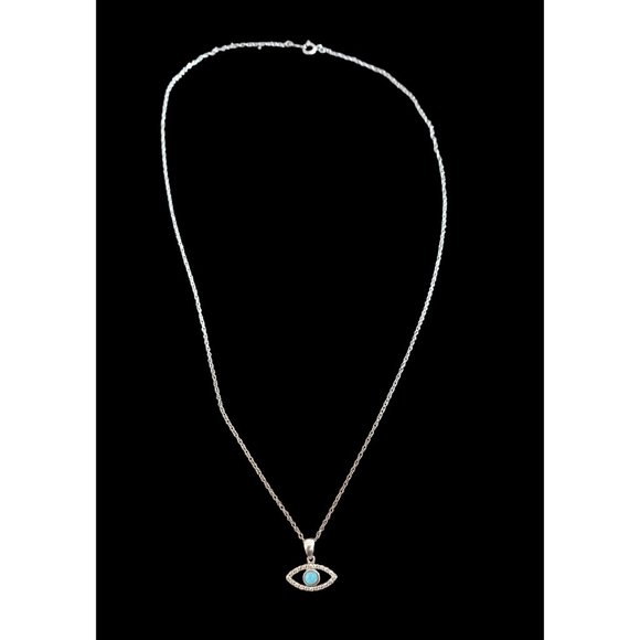 925 Sterling Silver Lab Opal Natural Stone Evil Eye Pendant Necklace 18.5 - Picture 3 of 5
